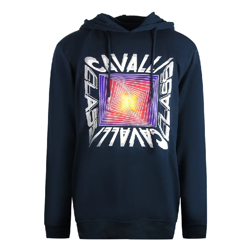 Cavalli Class Asymmetric Box Design Navy Blue Hoodie