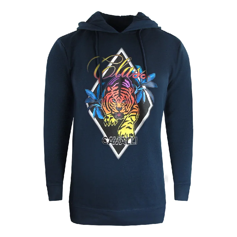 Cavalli Class Diamond Tiger Design Navy Blue Hoodie