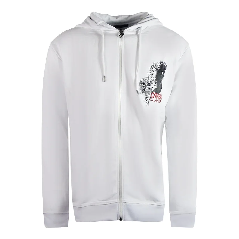 Cavalli Class Large Tiger Design White Zip-Up Hoodie