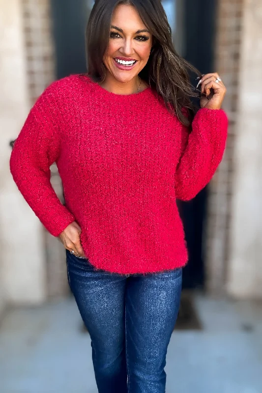 Brushed Red Round Neck Sweater