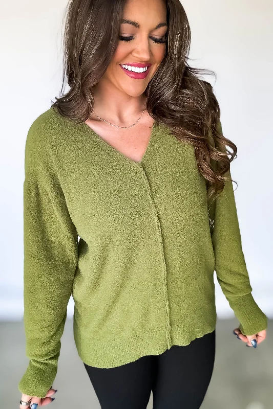 Olive V Neck Long Sleeve Sweater