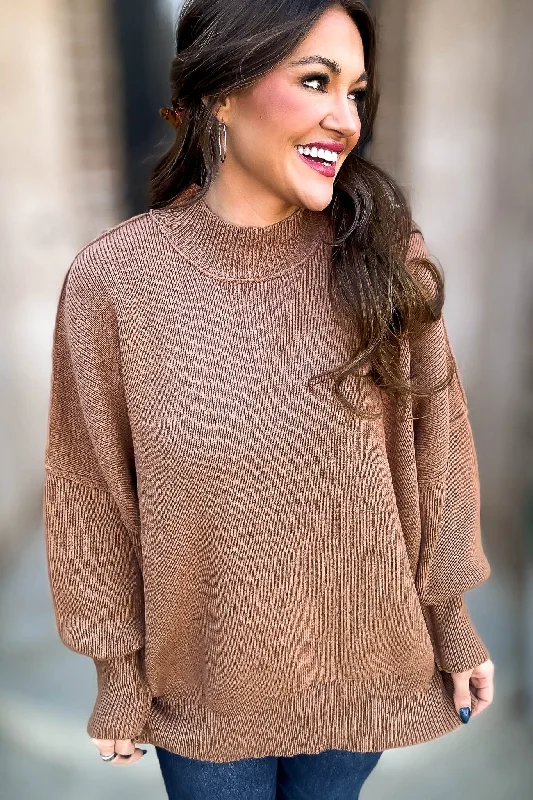 Over The Meadow Camel Side Slit Oversized Sweater