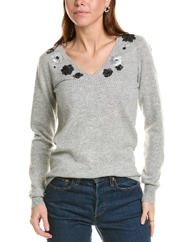 sofiacashmere Sequin Embellished V-Neck Cashmere Sweater