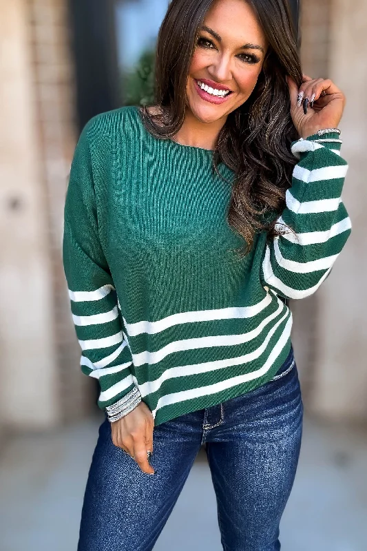 Viscose Hunter Green And Ivory Striped Sweater