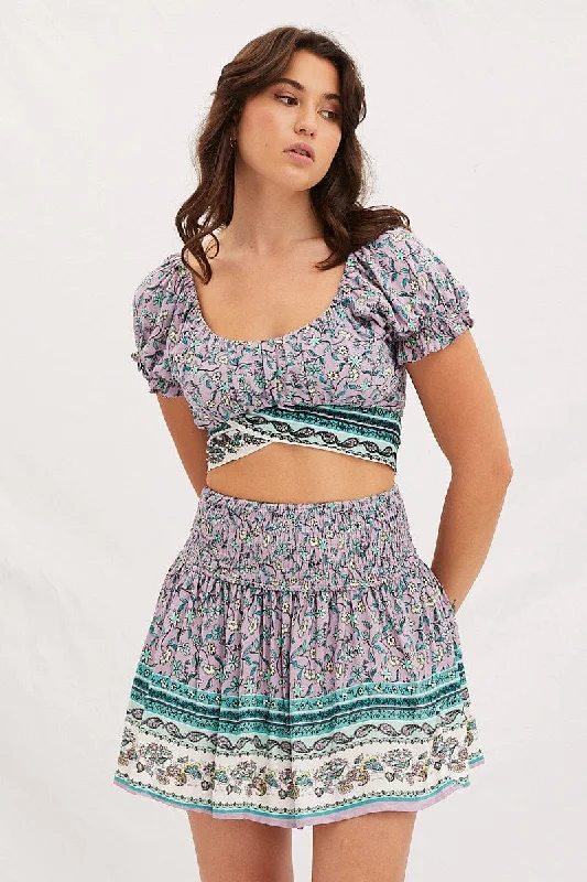 Boho Print Shirred Waist Boho Mini Skater Skirt