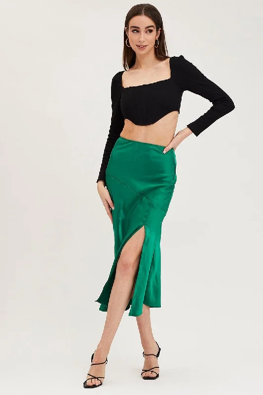 Green Slip Skirt Front Split Satin