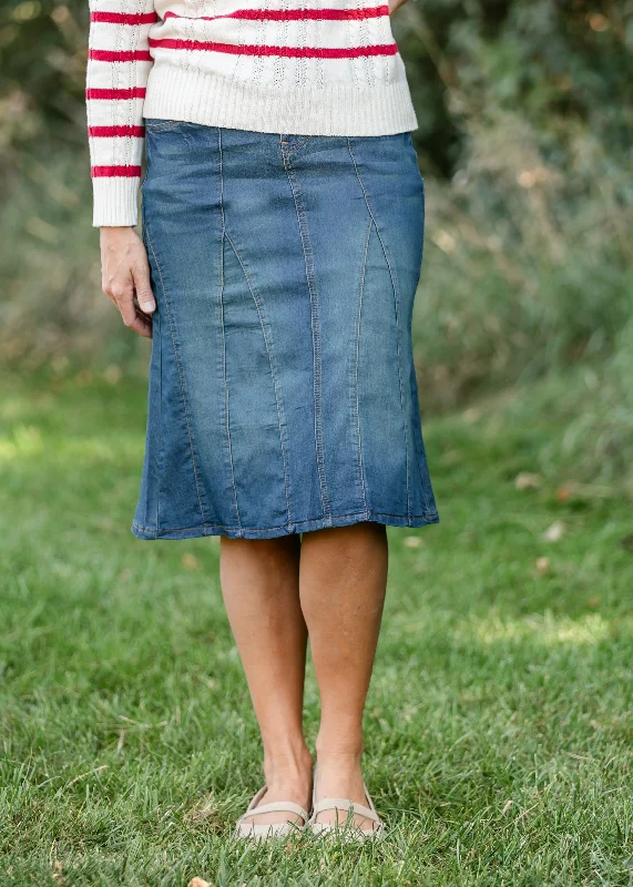 V-stitch Midi Denim Flare Skirt