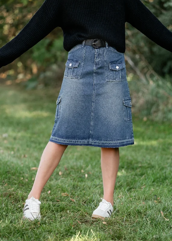 Vintage Wash Midi Cargo Denim Skirt