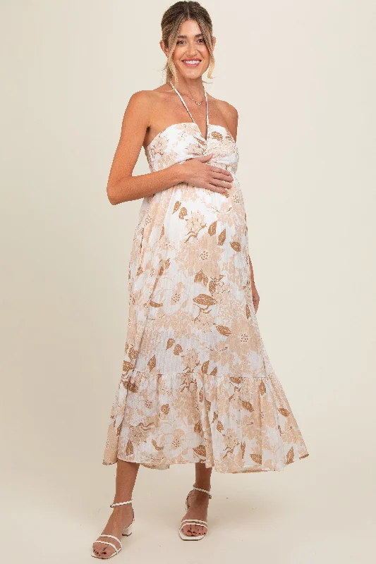 Beige Floral Ruched Front Halter Maternity Midi Dress