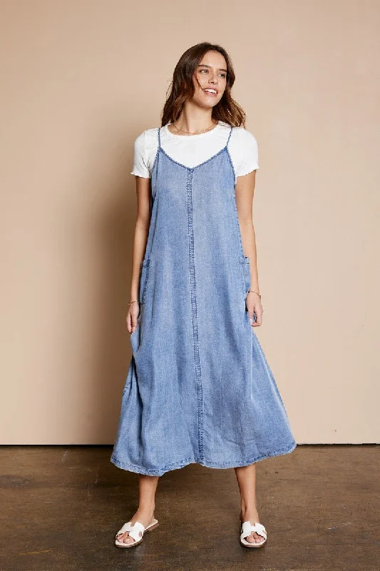 Blue Chambray Pocketed Maxi Dress