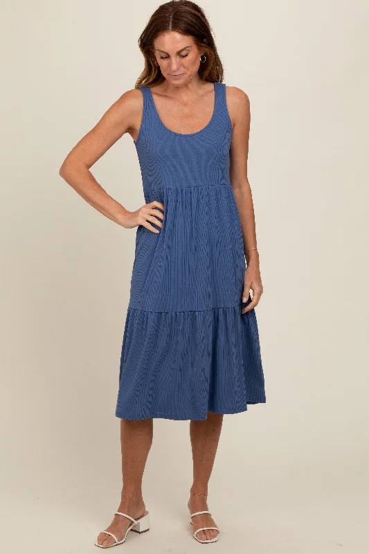 Blue Tiered Sleeveless Midi Dress