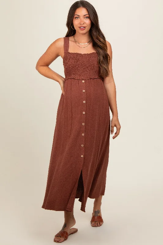 Brown Button Down Smocked Maternity Dress