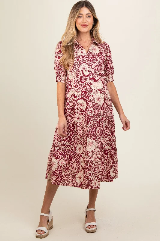 Burgundy Floral Collared Tiered Maternity Midi Dress