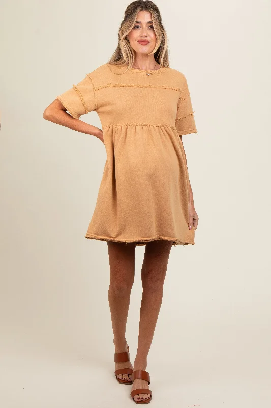 Camel Raw Hem Maternity Short Sleeve Dress