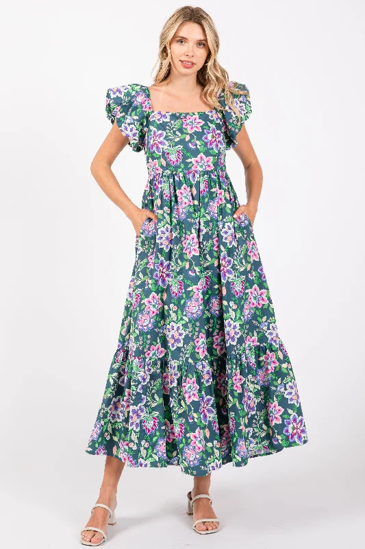 Green Floral Square Neck Puffy Sleeves Dress