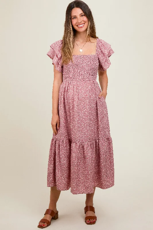 Mauve Floral Flutter Sleeve Tiered Maternity Dress