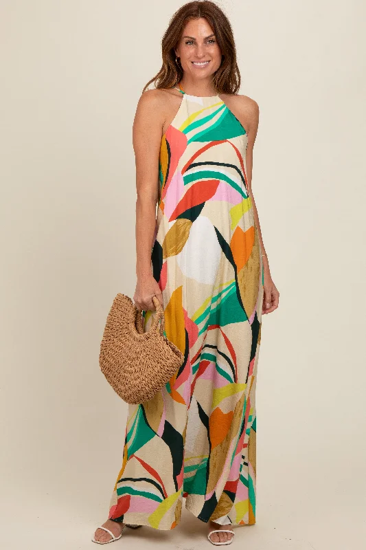 Multicolor Abstract Print Halter Maxi Dress