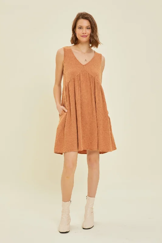 Rust Mineral-Washed Gauze V-Neck Flare Mini